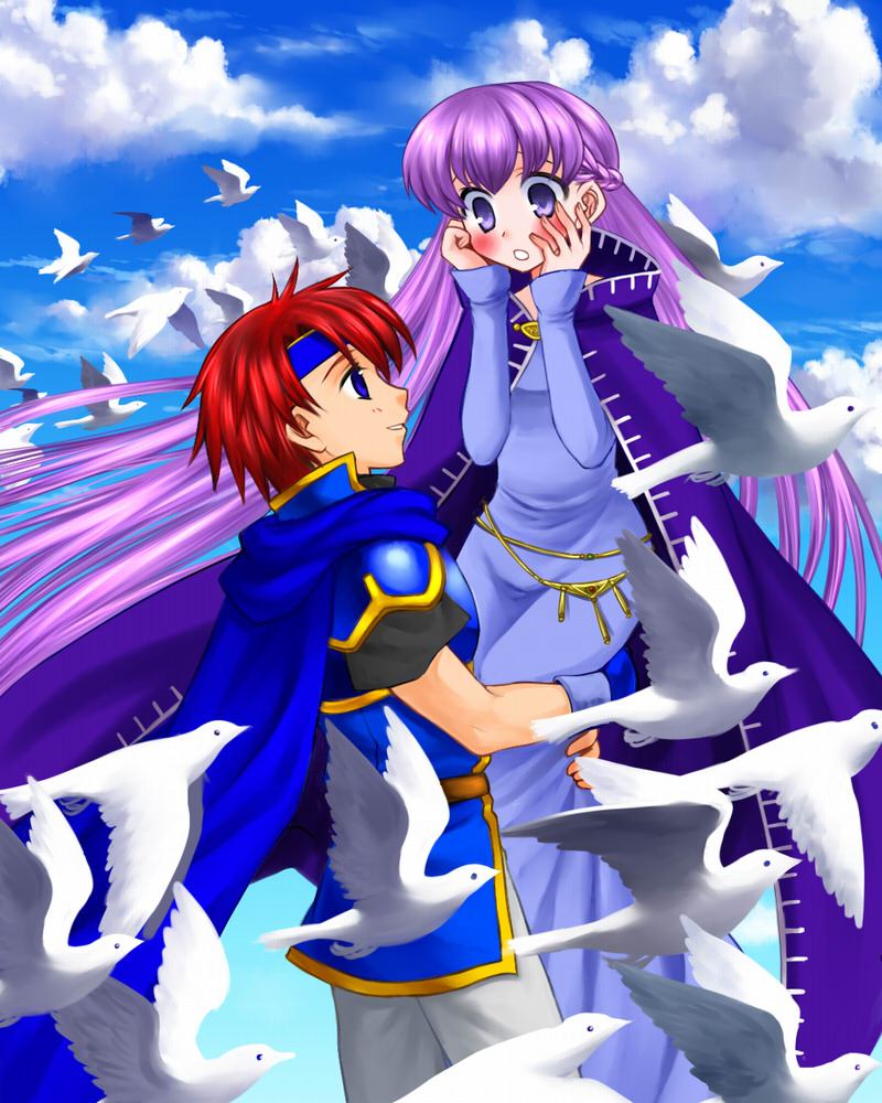 1boy 1girl 74 belly_chain bird blue_dress blue_eyes blush cape carrying cloak clouds cloudy_sky dress embarrassed eye_contact fire_emblem fire_emblem:_fuuin_no_tsurugi gloves hands_on_own_face headband hetero jewelry long_hair long_sleeves looking_at_another open_mouth purple_hair redhead roy_(fire_emblem) sky smile sofiya surprised very_long_hair violet_eyes