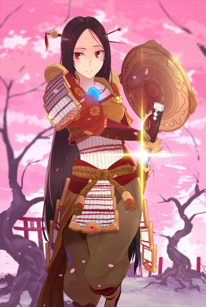 1girl amaterasu_(smite) armor baggy_pants black_hair cherry cherry_blossoms food fruit hair_ornament highres hsin katana lens_flare long_hair looking_at_viewer pants red_eyes sheath shield smile smite solo sword unsheathing very_long_hair weapon