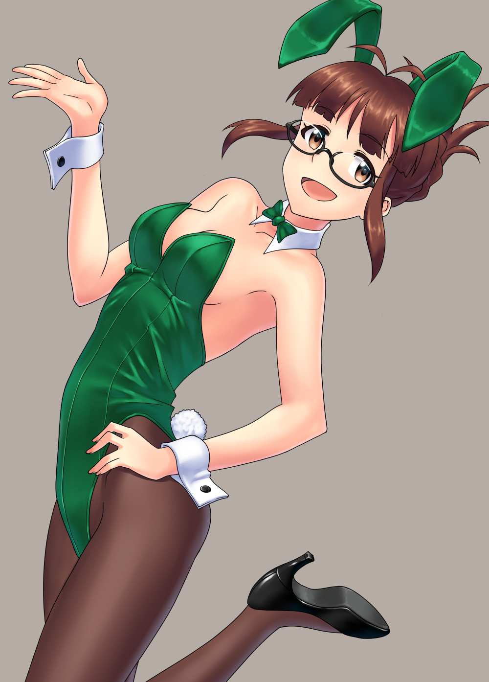 1girl akizuki_ritsuko animal_ears bare_shoulders black_legwear bow bowtie breasts bunny_girl bunny_tail bunnysuit cleavage detached_collar fake_animal_ears hand_on_hip high_heels highres idolmaster kaimuu_(fahrenheit724) large_breasts leotard pantyhose rabbit_ears solo tail wrist_cuffs