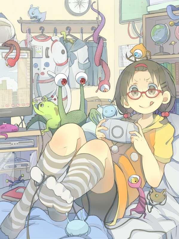 &gt;:q 1girl :q ahoge alien antennae bed bent_knees bookshelf bow box brown_hair cable compass foreshortening game_console glasses globe grey_legwear hair_bobbles hair_bow hair_ornament hairclip handheld_game_console helmet interior kneehighs lying monitor muted_color on_back on_bed original pillow playing_games playstation_portable poripori_(popocox) red-framed_glasses room school_uniform sega_mega_drive short_sleeves short_twintails skirt smile solo space_helmet spacesuit striped striped_legwear toes tongue tongue_out twintails