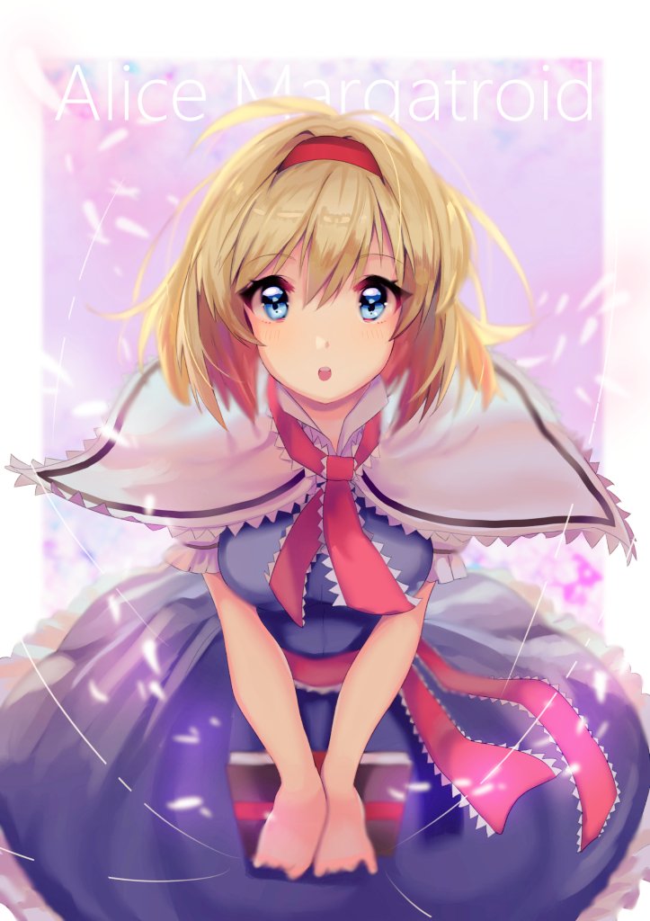 1girl alice_margatroid blonde_hair blue_dress blue_eyes blurry blush book capelet character_name dress hairband looking_at_viewer necktie open_mouth ribbon sash short_hair short_sleeves solo touhou ume_ren