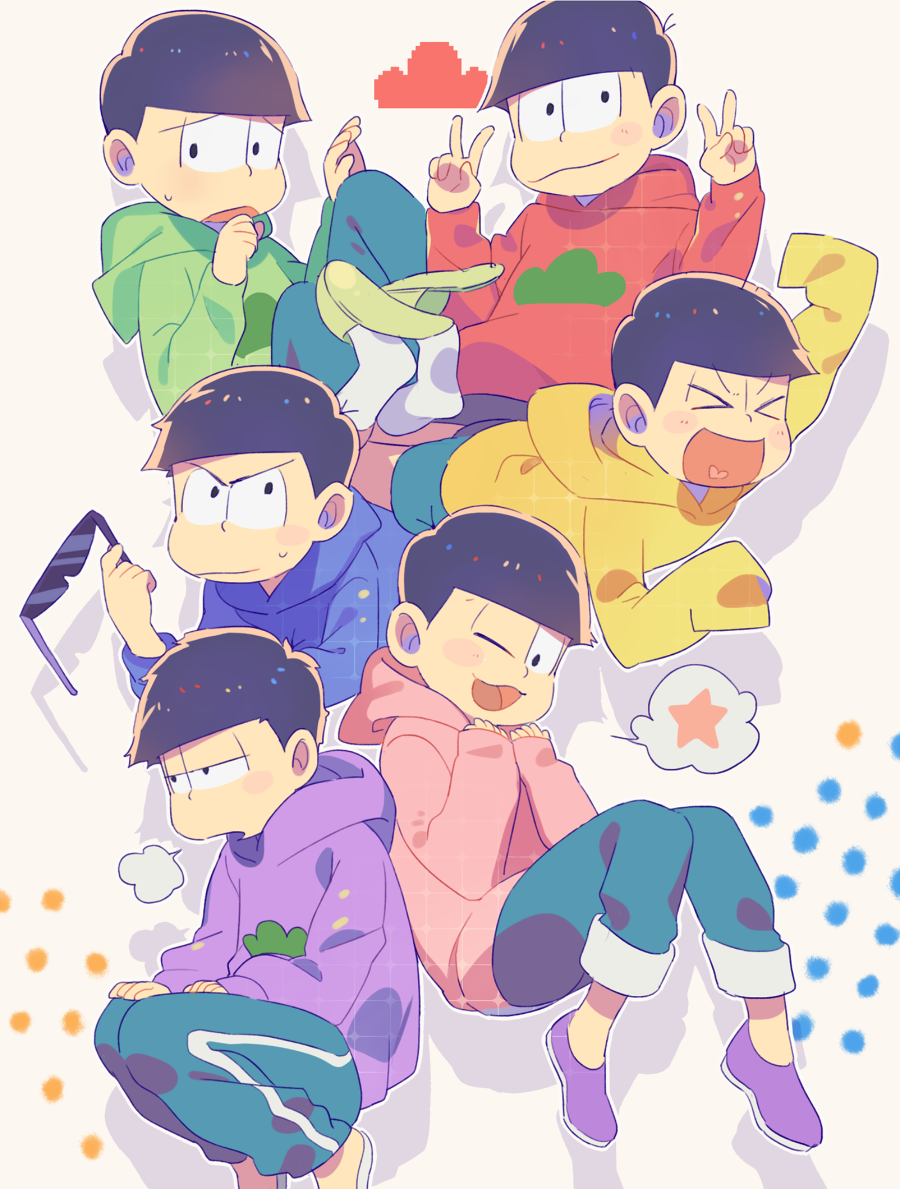 &gt;_&lt; 6+boys :3 black_hair blush brothers closed_eyes denim double_v heart heart_in_mouth heiwa_(murasiho) hood hoodie jeans looking_at_viewer looking_away male_focus matsuno_choromatsu matsuno_ichimatsu matsuno_juushimatsu matsuno_karamatsu matsuno_osomatsu matsuno_todomatsu multiple_boys one_eye_closed open_mouth osomatsu-kun osomatsu-san pants pants_rolled_up sextuplets short_hair shorts siblings sigh sleeves_past_wrists slippers smile socks star sunglasses sunglasses_removed sweat sweatpants v