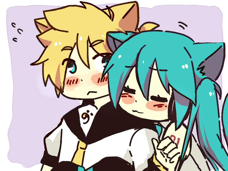 1boy 1girl :&lt; :3 animal_ears aqua_hair blonde_hair blue_eyes blue_hair blush cat_ears closed_eyes detached_sleeves flying_sweatdrops hatsune_miku hikusa hug hug_from_behind kagamine_len long_hair necktie short_hair twintails vocaloid yellow_necktie