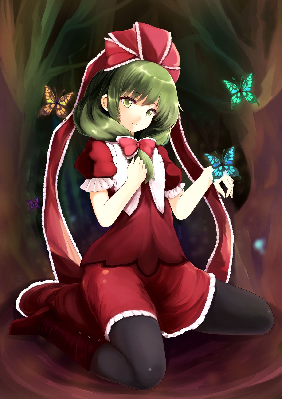 1girl black_legwear boots bow butterfly dress green_eyes green_hair hair_bow hair_ribbon highres kagiyama_hina long_hair naomi_(sekai_no_hate_no_kissaten) puffy_short_sleeves puffy_sleeves red_boots red_bow red_dress red_ribbon ribbon short_sleeves sitting solo touhou wariza