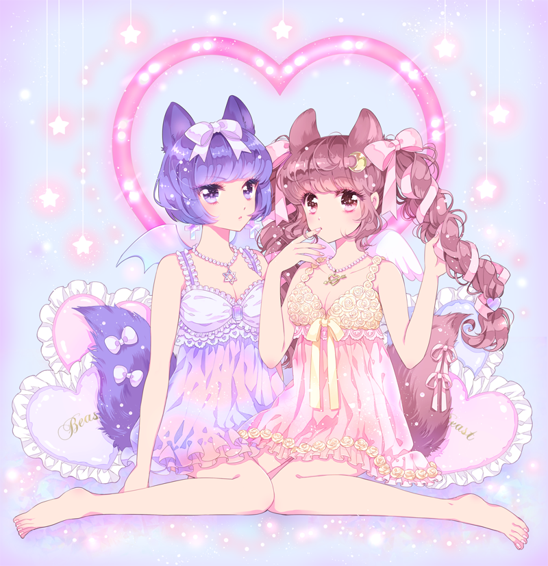 angel_wings animal_ears arrow_through_heart barefoot bat_wings bead_necklace blue_eyes blue_hair bow breasts brown_hair cleavage double_bun finger_to_mouth fox_ears fox_tail hair_ribbon heart heart_pillow hexagram jewelry necklace nightgown original pendant pillow pink_eyes ribbon ringonaki short_hair sitting star star_of_david tail tareme tsurime twintails vignetting wariza wings