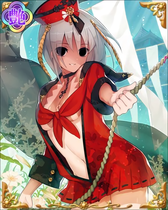 1girl blue_eyes empty_eyes grin hat hosokawa_tadaoki_(sengoku_bushouki_muramasa) lowres navel rope sengoku_bushouki_muramasa silver_hair sleeve_cuffs smile solo tan tanline