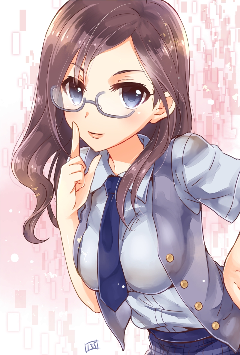 1girl blue_eyes brown_hair glasses idolmaster idolmaster_cinderella_girls isago_(lop) long_hair necktie solo yagami_makino