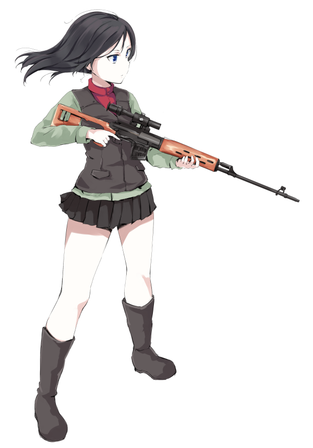 1girl black_skirt blue_eyes boots brown_hair commentary dragunov_svd funyariko girls_und_panzer gun holding long_hair long_sleeves military military_uniform miniskirt nonna pleated_skirt rifle skirt sniper_rifle solo standing trigger_discipline turtleneck uniform vest weapon white_background wind