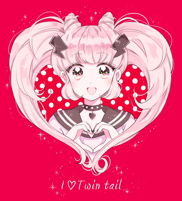 1girl ayamo_(devi_rock) black_nails collar devi_rock double_bun heart heart_hands lightning_bolt nail_polish open_mouth original pink_eyes pink_hair red_background ringonaki sailor_collar smile solo sparkle twintails upper_body