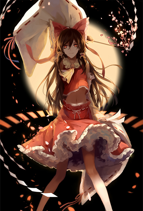 1girl arm_at_side arm_behind_head ascot backlighting between_fingers black_background bow brown_hair cherry_blossoms detached_sleeves full_moon gohei hair_bow hair_tubes hakurei_reimu legs long_hair looking_at_viewer midriff moon navel petals raito47 red_eyes red_skirt ribbon-trimmed_sleeves ribbon_trim skinny skirt sleeveless smile solo talismans touhou tree_branch waist wide_sleeves