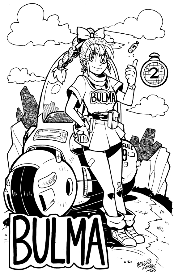 1girl artist_name bow braid bulma capsule character_name clouds dated dragon_ball dragon_radar dress full_body hair_bow hair_tie hand_on_hip mike_luckas monochrome pouch short_dress signature single_braid single_glove smile solo thumbs_up vehicle watch watch