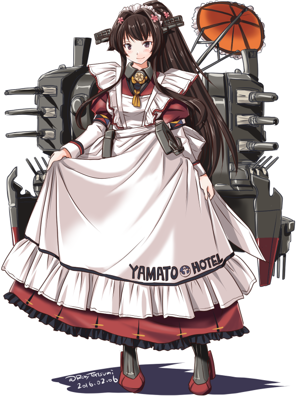 1girl alternate_costume apron armband brown_eyes brown_hair dated dress enmaided flower frilled_dress frills hair_flower hair_ornament hairband headgear high_ponytail kantai_collection long_ponytail long_sleeves looking_at_viewer machinery maid maid_apron maid_headdress puffy_long_sleeves puffy_sleeves simple_background smile solo tatsumi_rei twitter_username umbrella white_background yamato_(kantai_collection)