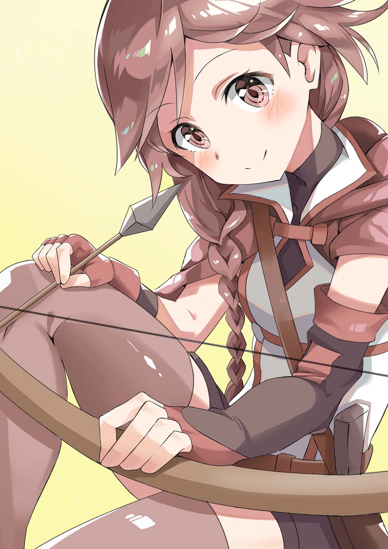 1girl bow_(weapon) braid brown_eyes brown_hair hai_to_gensou_no_grimgar highres holding holding_weapon looking_at_viewer smile solo thigh-highs weapon xuan_chu yume_(grimgar) zettai_ryouiki