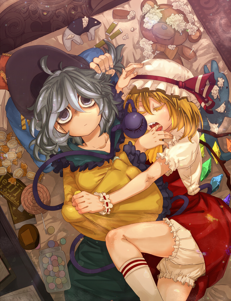 2girls blonde_hair bloomers broken candy closed_eyes colored_eyelashes crystal dutch_angle eyeball finger_in_another's_mouth flandre_scarlet hat hat_ribbon holding_another's_hair hug kneehighs komeiji_koishi koutamii lollipop long_sleeves looking_at_viewer lying mob_cap multiple_girls on_back on_bed on_side open_mouth puffy_sleeves ribbon shirt short_hair short_sleeves silver_hair skirt skirt_set sleeping string stuffed_animal stuffed_dolphin stuffed_toy sweets teddy_bear third_eye touhou underwear vest white_legwear wide_sleeves wings wrist_cuffs
