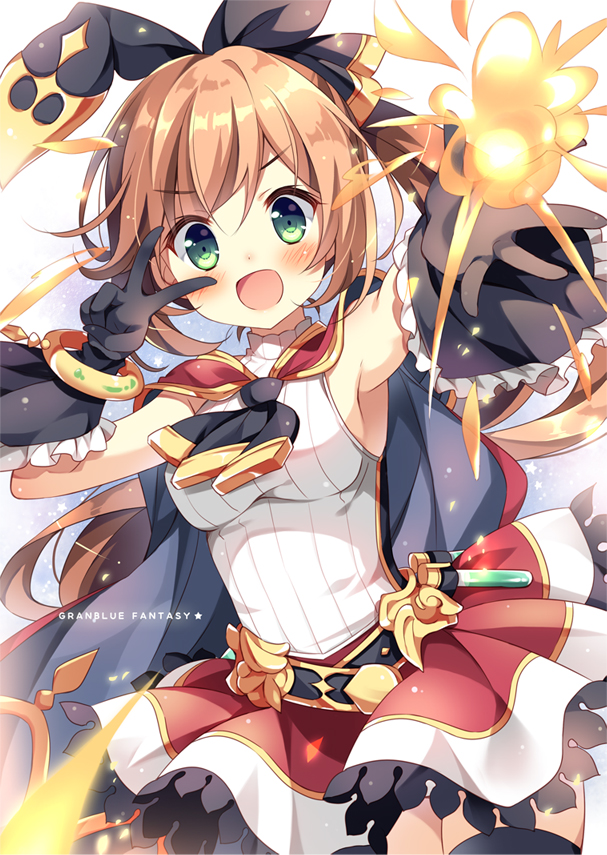 &gt;:d 1girl :d bangs black_gloves black_ribbon blush book bracelet breasts cape clarisse_(granblue_fantasy) copyright_name explosion frilled_gloves frills gloves granblue_fantasy green_eyes hair_between_eyes hair_ribbon jewelry light_brown_hair light_particles long_hair looking_at_viewer magic miniskirt open_book open_mouth pan_(mimi) red_skirt ribbon sideboob simple_background skirt sleeveless smile solo star thigh-highs v vial white_background zettai_ryouiki
