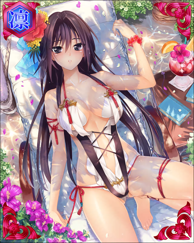 1boy artist_request barefoot beach_chair blush breasts brown_hair character_request flower large_breasts long_hair looking_at_viewer lying navel official_art on_back parted_lips sengoku_bushouki_muramasa solo swimsuit thigh_strap