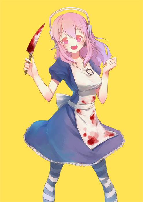 1girl alice:_madness_returns alice_(wonderland) alice_(wonderland)_(cosplay) alice_in_wonderland apron blood breasts dress halfway headphones horseshoe knife large_breasts long_hair looking_at_viewer nitroplus open_mouth pantyhose pink_eyes pink_hair smile solo striped striped_legwear super_sonico textless