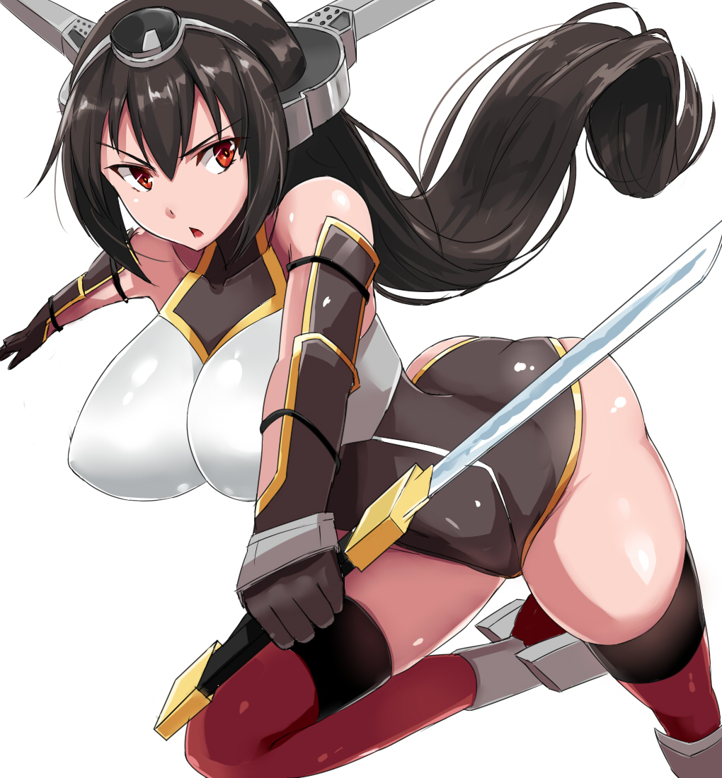 1girl adapted_costume ass bare_shoulders black_hair bodysuit breasts elbow_gloves gloves headgear kantai_collection large_breasts leotard long_hair nagato_(kantai_collection) red_eyes red_legwear skin_tight solo takara_joney thigh-highs triangle_mouth tsurime wakizashi white_background