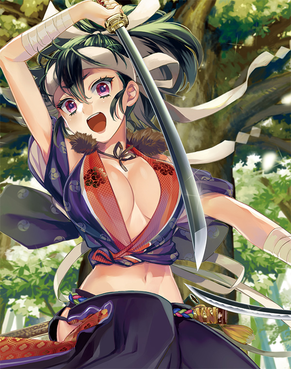1girl :d bandages breasts cleavage forest fur green_hair hip_vent japanese_clothes nature navel open_mouth rinhachi sheath smile solo traditional_clothes tree violet_eyes weapon