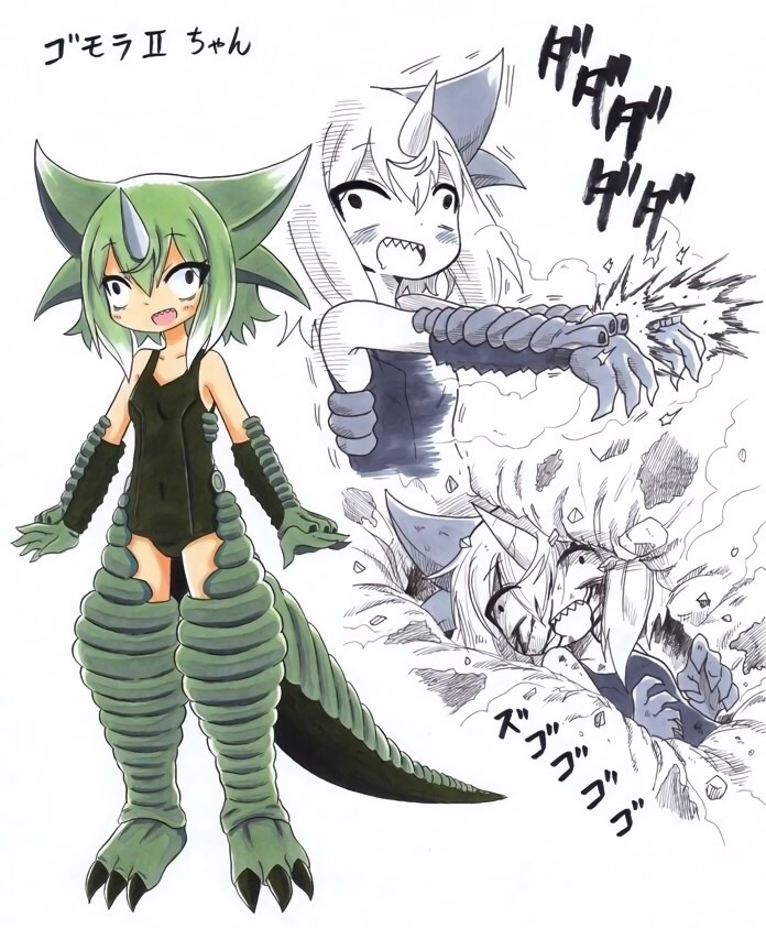 1girl arm_cannon bare_shoulders blood burying character_name corpse dying firing gomora_ii green_eyes green_hair horns kaijuu kinkuri_(axsc8mjrt) open_mouth original personification sanpaku school_swimsuit short_hair swimsuit ultra_kaijuu_gijinka_keikaku ultra_series ultraman_80_(series) weapon