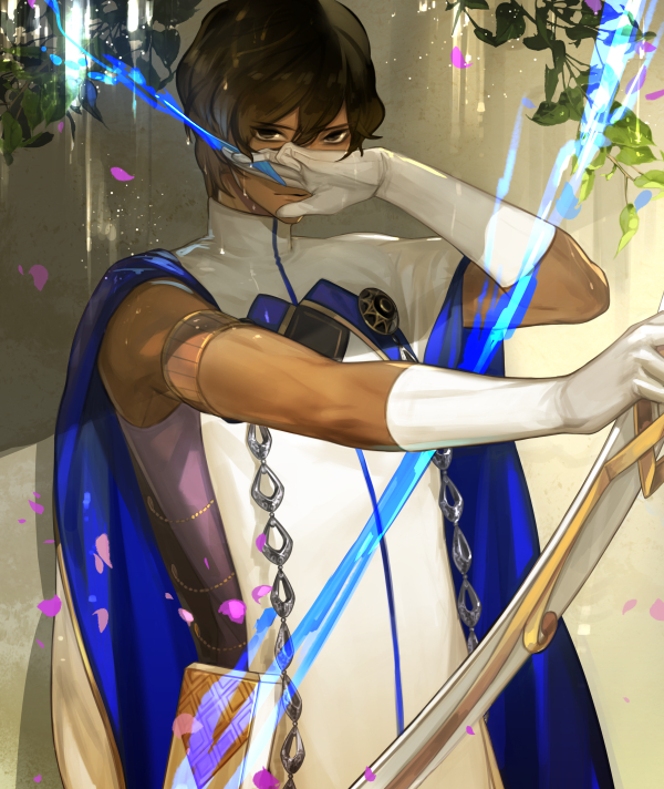 1boy arjuna_(fate/grand_order) armlet arrow black_hair bow_(weapon) brown_eyes brown_hair cape covering_face dark_skin elbow_gloves fate/grand_order fate_(series) gloves hair_between_eyes holding_weapon leaf looking_at_viewer magic male_focus petals plant ragu00 skin_tight solo standing tunic water_droplets weapon wet wet_hair