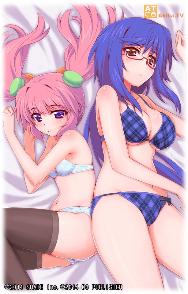 2014 2girls artist_request bed_sheet blonde_hair blue_panties bra breasts bullet_girls character_request copyright_name dated glasses large_breasts long_hair lying multiple_girls navel official_art on_back on_side panties parted_lips pink_hair plaid plaid_bra plaid_panties polka_dot polka_dot_bra polka_dot_panties red-framed_glasses semi-rimless_glasses thigh-highs twintails underwear violet_eyes yellow_eyes