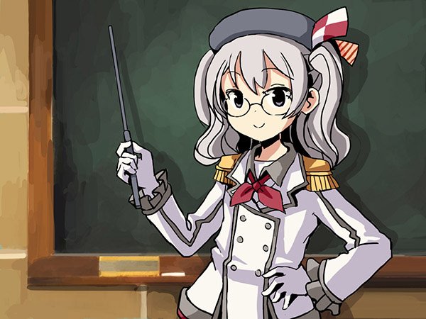 beret bespectacled breasts buttons chalkboard commentary epaulettes frilled_sleeves frills glasses gloves grey_eyes hat kantai_collection kashima_(kantai_collection) large_breasts military military_uniform pointer sidelocks silver_hair sixten tsurime twintails uniform wavy_hair white_gloves