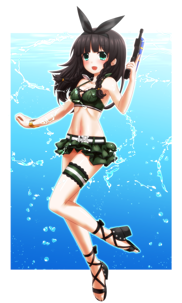 1girl bikini bikini_skirt black_hair choujigen_game_neptune green_eyes gun k-sha long_hair mizunashi_(second_run) neptune_(series) shin_jigen_game_neptune_vii swimsuit weapon