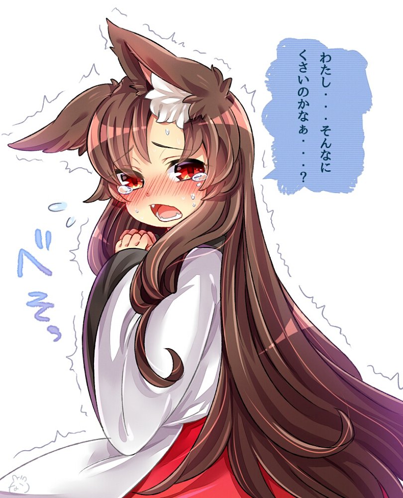 1girl animal_ears blush brown_hair crying crying_with_eyes_open dress fangs flying_sweatdrops full-face_blush ibarashiro_natou imaizumi_kagerou long_hair long_sleeves looking_at_viewer open_mouth red_eyes simple_background solo speech_bubble sweat tears text touhou translation_request trembling white_background wide_sleeves wolf_ears