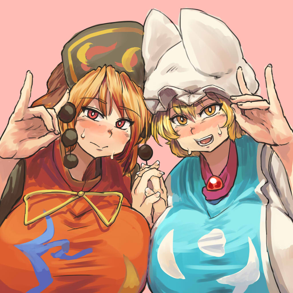 2girls alternate_hair_color alternate_hair_length alternate_hairstyle black_dress blonde_hair blush breasts brown_hair chanta_(ayatakaoisii) chinese_clothes dress error fang hand_gesture hand_up hands_together hat huge_breasts interlocked_fingers junko_(touhou) long_sleeves looking_at_viewer multiple_girls open_mouth pillow_hat pink_background red_eyes ribbon short_hair simple_background sweat tabard teeth tongue touhou upper_body white_dress yakumo_ran yellow_eyes