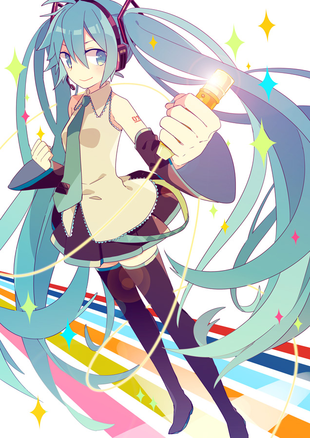 1girl aqua_eyes aqua_hair aqua_necktie bare_shoulders black_legwear boots clenched_hand detached_sleeves golden hair_between_eyes hatsune_miku headphones headset holding holding_microphone long_hair microphone necktie skirt sleeveless smile solo sparkle standing thigh-highs thigh_boots twintails very_long_hair vocaloid yoshiki