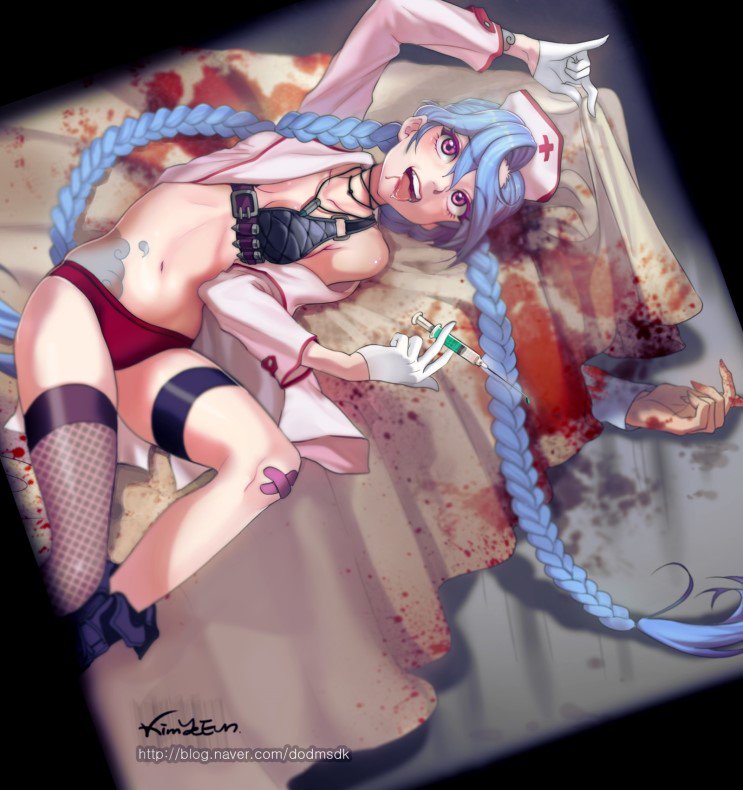 1girl :p alternate_costume bandaid bandaid_on_knee bikini_top blood blood_splatter blue_hair boots braid choker death dodmsdk fishnet_legwear fishnets gloves hat jacket jinx_(league_of_legends) league_of_legends long_hair navel nurse nurse_cap off_shoulder open_clothes open_jacket operating_table panties pink_eyes red_panties ribbon_choker single_thighhigh small_breasts solo_focus tattoo thigh-highs tongue tongue_out twin_braids underwear very_long_hair watermark web_address white_gloves