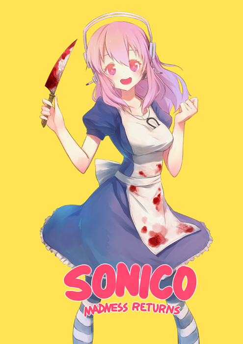 1girl alice:_madness_returns alice_(wonderland) alice_(wonderland)_(cosplay) alice_in_wonderland apron blood breasts dress halfway headphones horseshoe knife large_breasts long_hair looking_at_viewer nitroplus open_mouth pantyhose pink_eyes pink_hair smile solo striped striped_legwear super_sonico