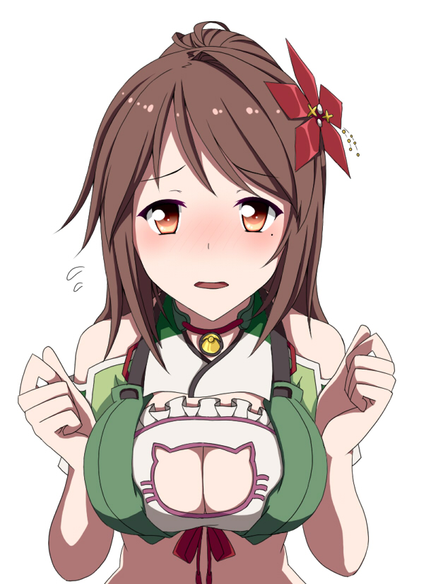 1girl adapted_costume amagi_(kantai_collection) bare_shoulders blush breasts brown_eyes brown_hair cat_lingerie crop_top embarrassed hair_between_eyes kantai_collection large_breasts long_hair looking_at_viewer midriff mole mole_under_eye open_mouth ponytail remodel_(kantai_collection) solo toho-77