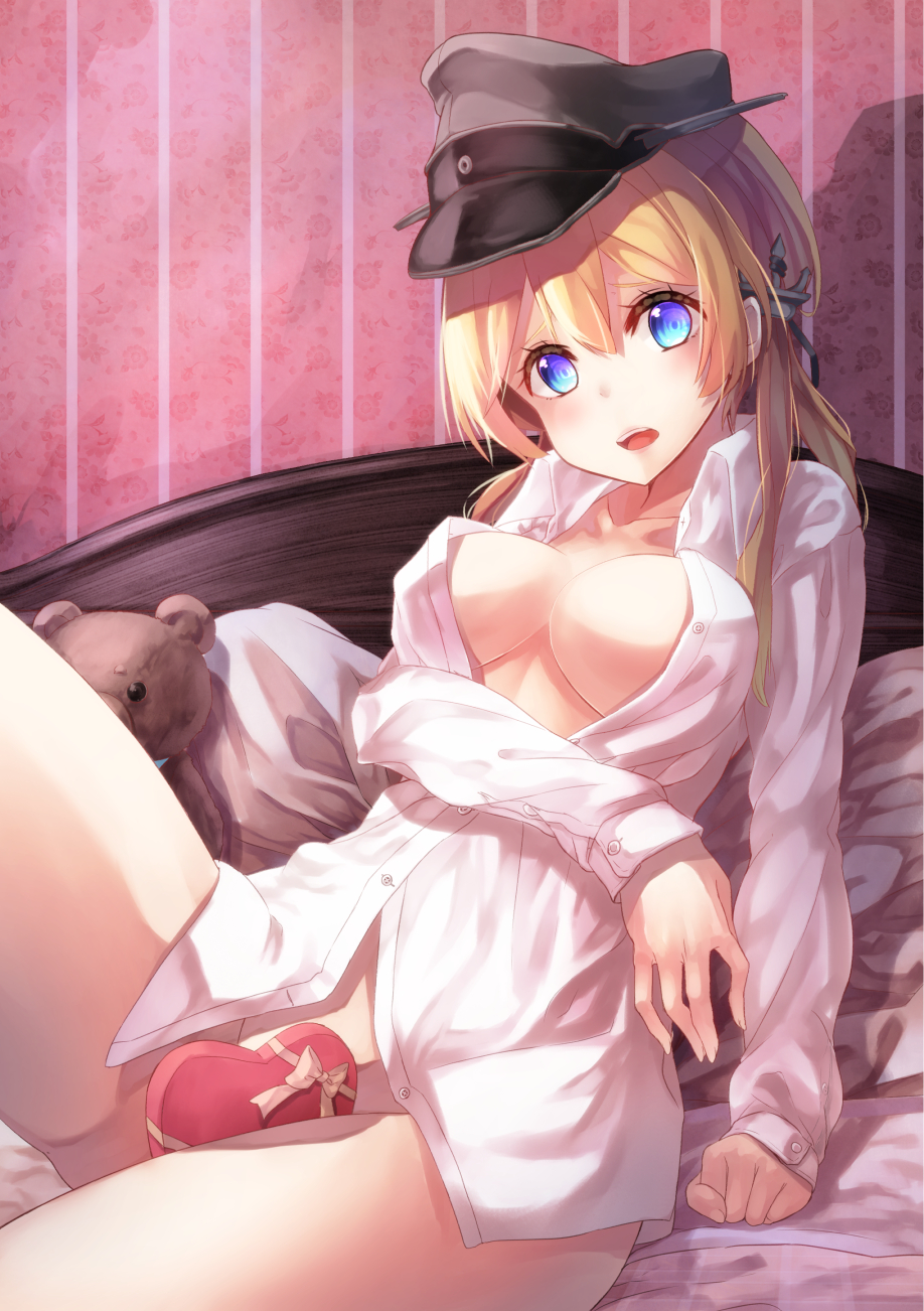 1girl anchor_hair_ornament bed blonde_hair blue_eyes blush breasts dress_shirt hair_ornament hat highres kantai_collection large_breasts long_hair long_sleeves looking_at_viewer naked_shirt no_bra no_panties open_clothes open_shirt peaked_cap pillow prinz_eugen_(kantai_collection) shirt solo stuffed_animal stuffed_toy teddy_bear twintails valentine