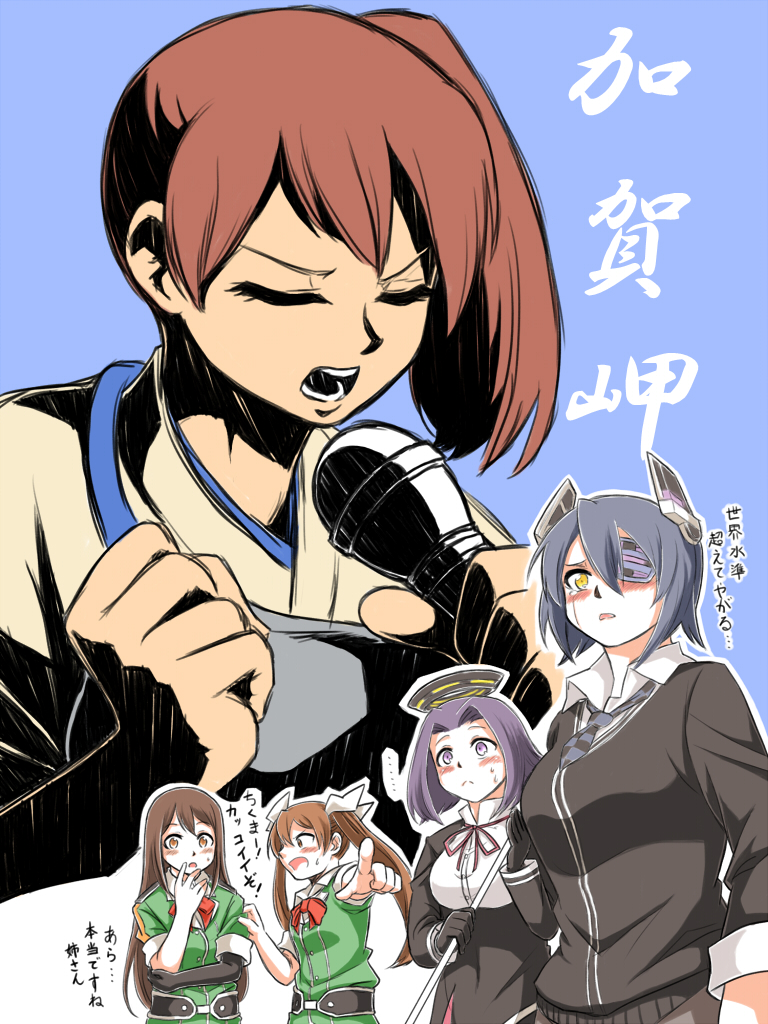 5girls :&lt; :o blush brown_eyes brown_hair chikuma_(kantai_collection) clenched_hand closed_eyes commentary ears eyepatch goroh hair_between_eyes hair_intakes hair_ornament hair_ribbon headgear iguchi_yuka kaga_(kantai_collection) kantai_collection long_hair looking_at_viewer mechanical_halo microphone multiple_girls muneate necktie open_mouth purple_hair ribbon seiyuu_connection short_hair side_ponytail singing single_glove tatsuta_(kantai_collection) tears teeth tenryuu_(kantai_collection) tone_(kantai_collection) translated twintails violet_eyes yellow_eyes