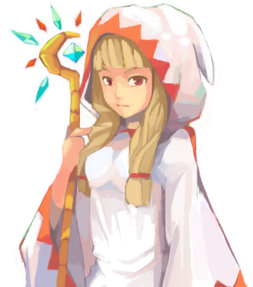 1girl bangs blonde_hair blunt_bangs braid breasts final_fantasy final_fantasy_tactics gloves hood long_hair lowres red_eyes robe simple_background solo staff tagme twin_braids twintails upper_body weapon white_background white_mage white_mage_(fft)