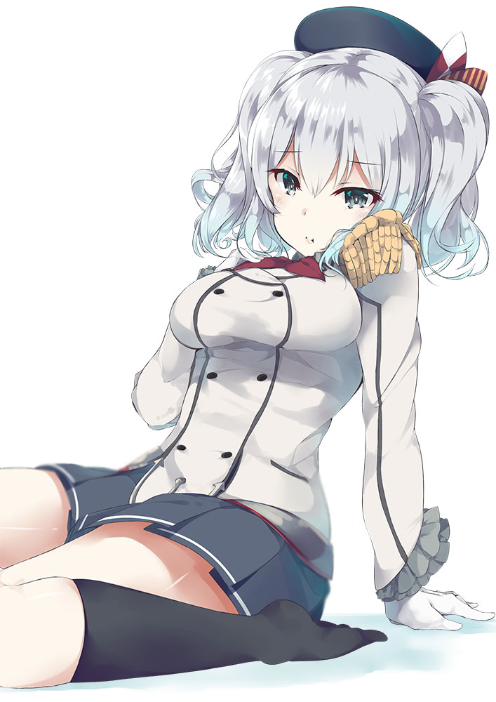 :t arm_support black_legwear breasts epaulettes frilled_sleeves frills gloves grey_eyes hair_between_eyes jacket kantai_collection kashima_(kantai_collection) kerchief looking_at_viewer military military_uniform minari_(haib) miniskirt pleated_skirt pout sidelocks silver_hair sitting skirt tsurime twintails uniform wavy_hair white_gloves