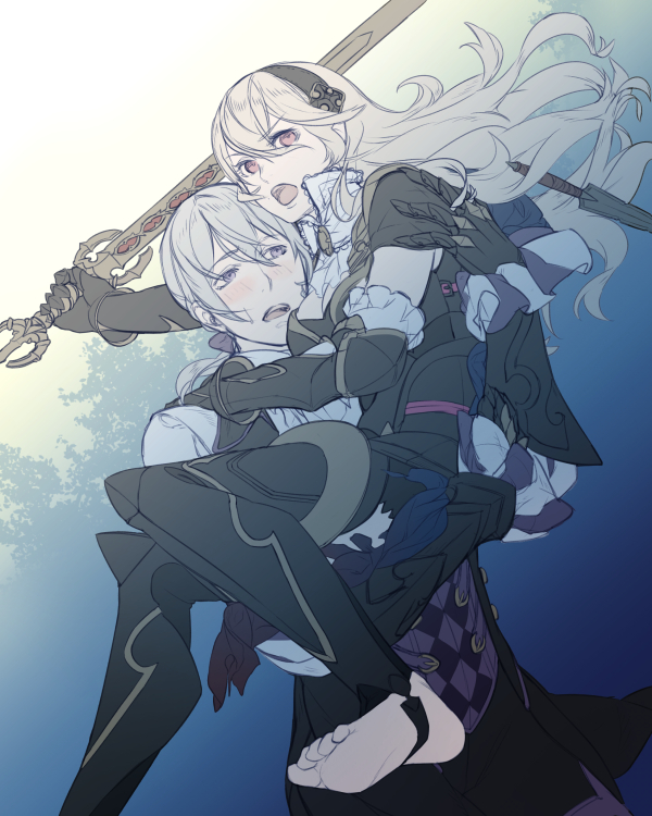 1boy 1girl armor barefoot blush cape carrying dagger dutch_angle fire_emblem fire_emblem_if frills gauntlets gloves grey_eyes hair_between_eyes hair_ribbon hairband joker_(fire_emblem_if) long_hair looking_at_another looking_at_viewer low_ponytail my_unit_(fire_emblem_if) open_mouth pink_eyes ponytail ragu00 ribbon sketch stirrups sword tree vest violet_eyes wavy_hair weapon white_hair