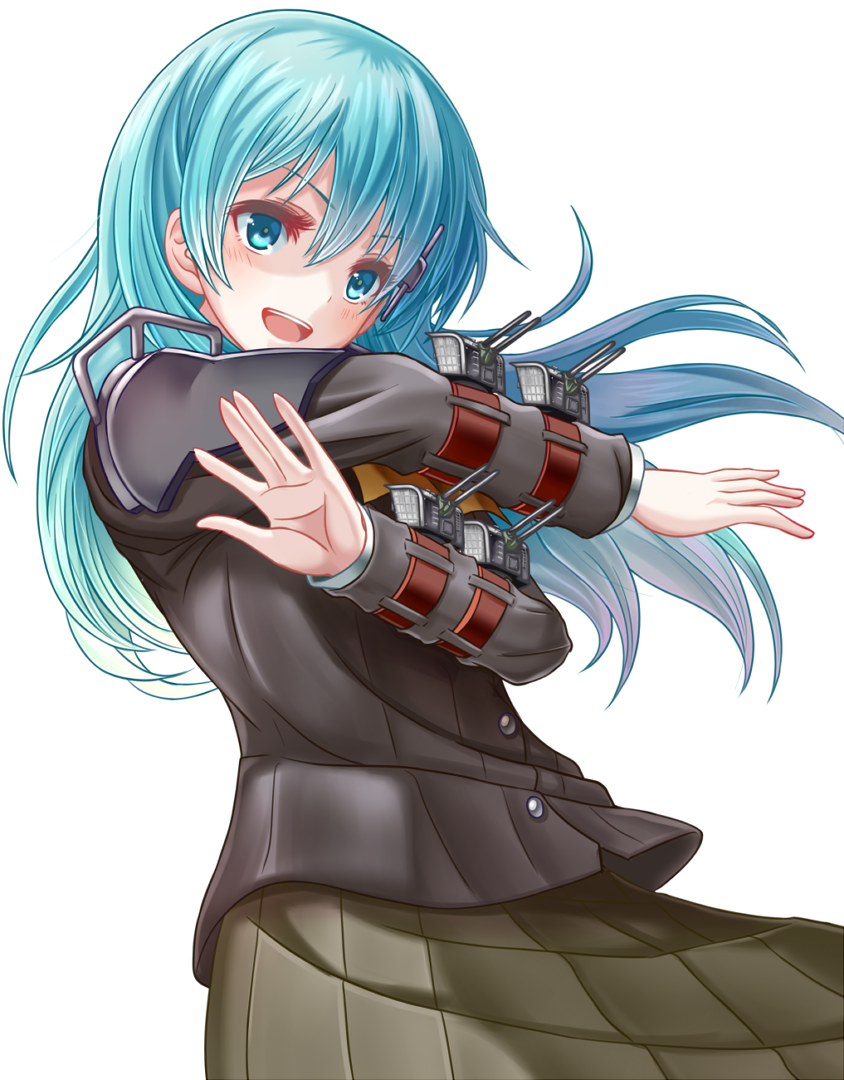 1girl aa_gun aqua_eyes aqua_hair ascot blazer blush breasts brown_skirt hair_ornament hairclip jacket kantai_collection long_hair pleated_skirt school_uniform skirt smile solo suzuya_(kantai_collection) yatsu_seisakusho