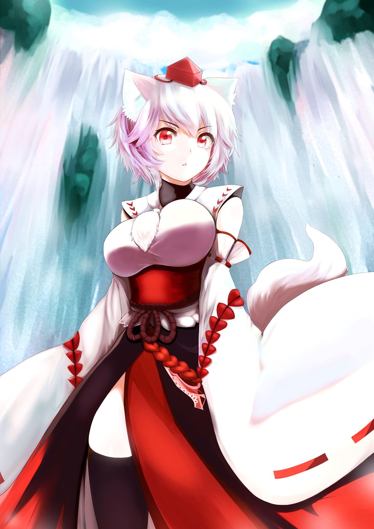 1girl animal_ears black_legwear breasts detached_sleeves hat highres inubashiri_momiji large_breasts long_sleeves naomi_(sekai_no_hate_no_kissaten) red_eyes rope sash short_hair side_slit solo standing tail thigh-highs tokin_hat touhou tsurime water waterfall white_hair wide_sleeves wolf_ears wolf_tail