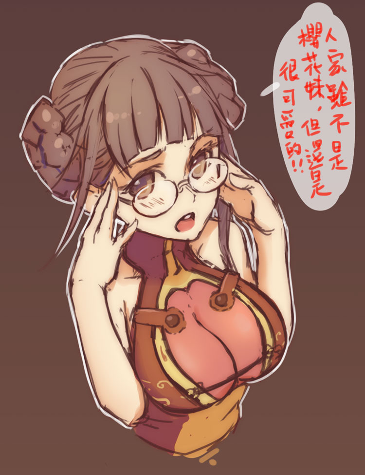 1girl :o adjusting_glasses bare_shoulders breasts brown_background brown_eyes brown_hair chinese_clothes cleavage cleavage_cutout collarbone glasses looking_at_viewer looking_up rotix see-through simple_background solo translation_request upper_body