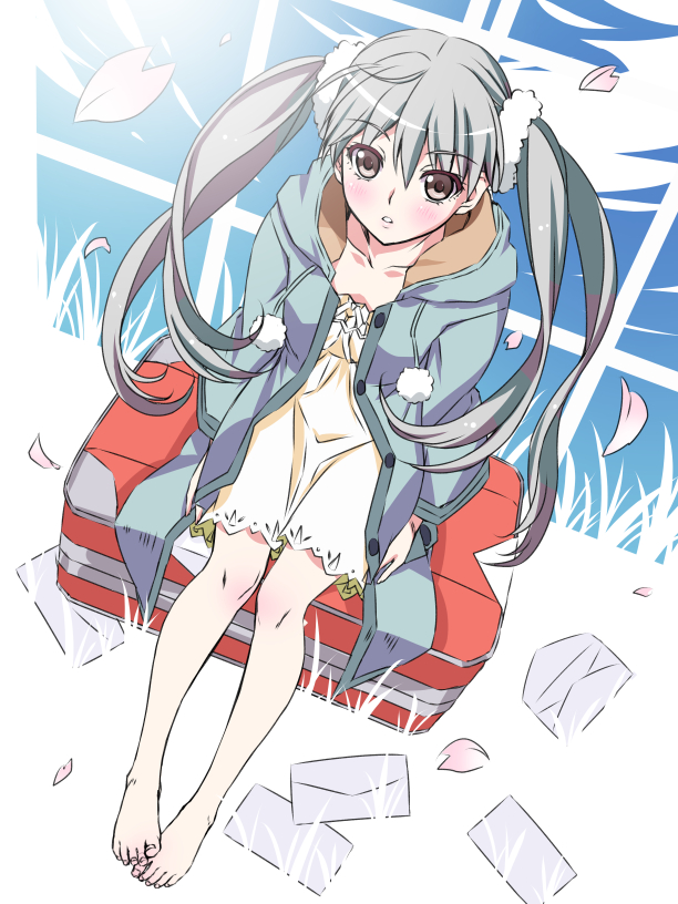 1girl artist_request bare_legs barefoot blush brown_eyes coat collarbone dress envelope from_above long_hair looking_at_viewer looking_up luggage monogatari_(series) oikura_sodachi owarimonogatari parted_lips scrunchie silver_hair sitting solo twintails white_dress