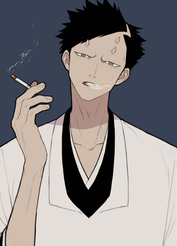 1boy akon black_hair bleach blue_background cigarette horns open_mouth simple_background smoking solo ustaminuk yellow_eyes