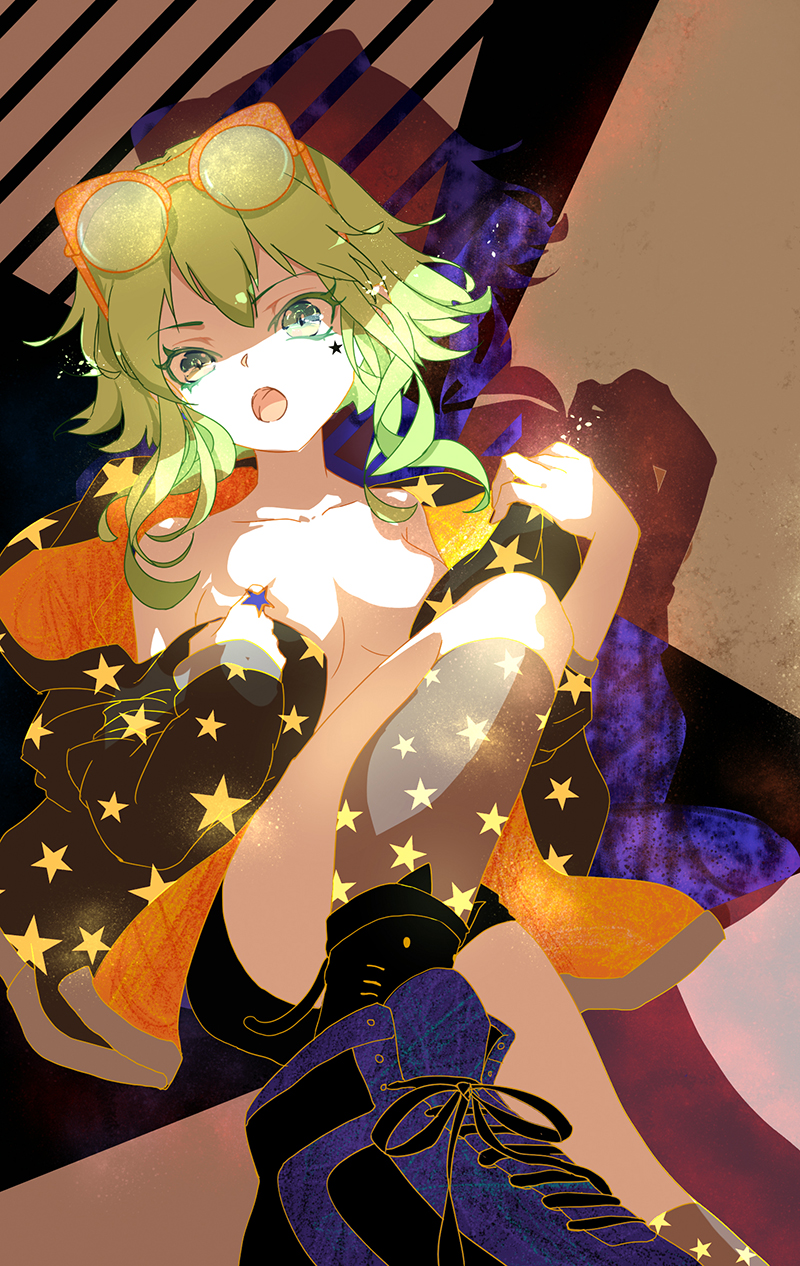 &gt;:o 1girl :o black_shorts blue_shoes collarbone colored_eyelashes glasses glasses_on_head green_eyes green_hair grey_legwear gumi highres jacket knee_up kneehighs long_sleeves looking_at_viewer no_bra open_clothes open_jacket open_mouth orange-framed_glasses over-rim_glasses round_glasses semi-rimless_glasses shoelaces shoes short_hair shorts silhouette sneakers solo star_print thighs undressing vocaloid yotsuba0052