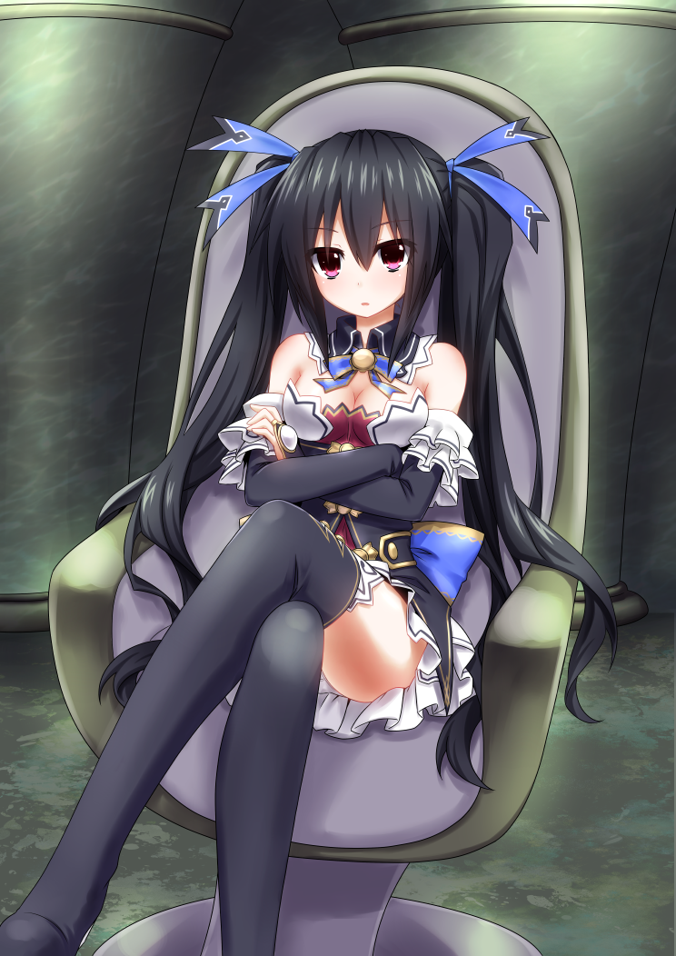 1girl bare_shoulders black_hair blush breasts chair crossed_arms crossed_legs hair_ornament hair_ribbon long_hair looking_at_viewer mizunashi_(second_run) neptune_(series) noire open_mouth red_eyes ribbon sitting solo thigh-highs twintails