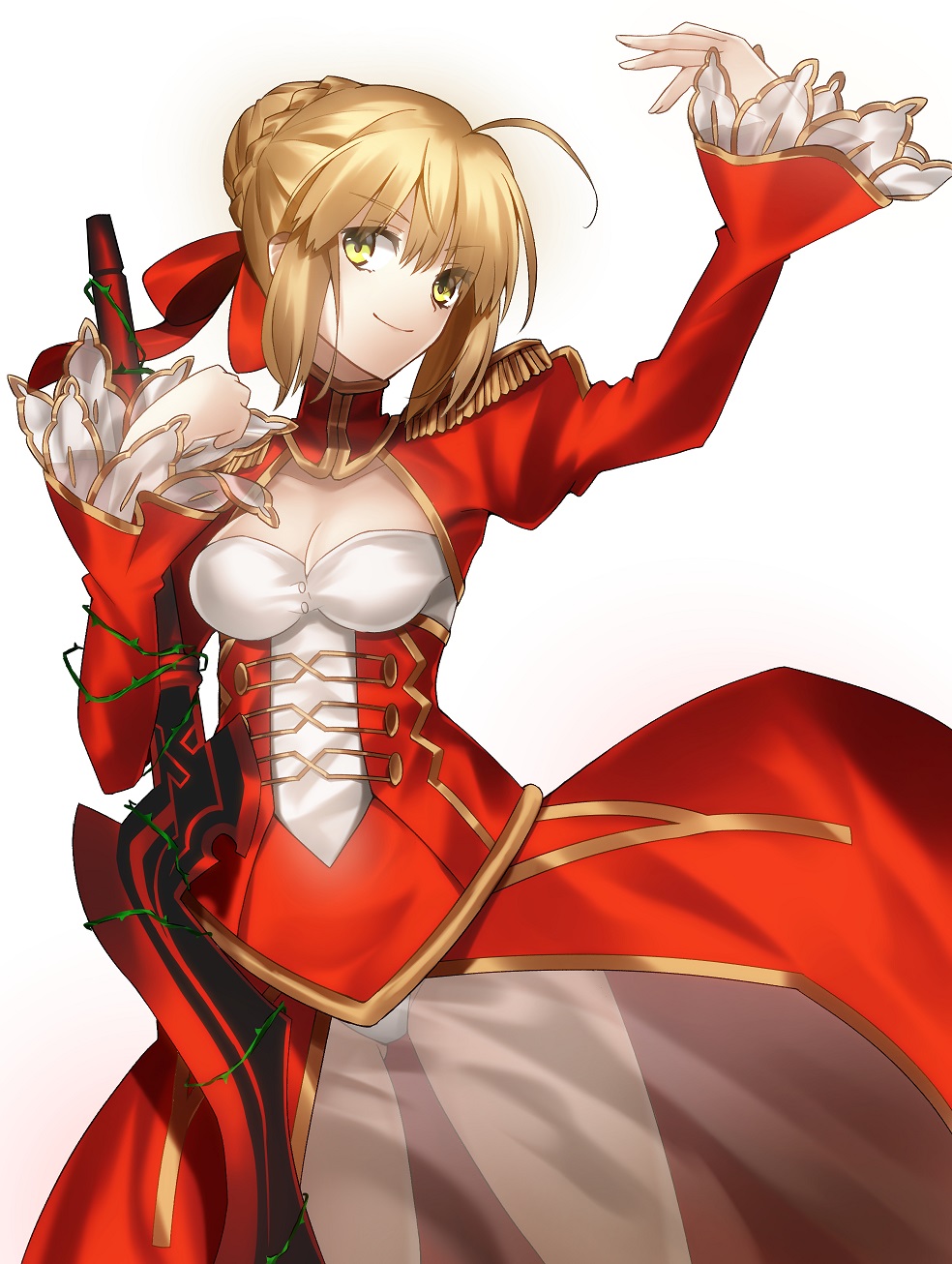 1girl aestus_estus ahoge blonde_hair braid breasts cleavage commentary_request dress epaulettes fate/extra fate/grand_order fate_(series) french_braid green_eyes hair_intakes hair_ribbon highres juliet_sleeves large_breasts long_sleeves looking_at_viewer minamina nero_claudius_(fate) nero_claudius_(fate)_(all) panties pantyshot pantyshot_(standing) puffy_sleeves red_dress red_ribbon ribbon saber_extra see-through smile solo standing sword underwear weapon white_panties wide_sleeves yellow_eyes