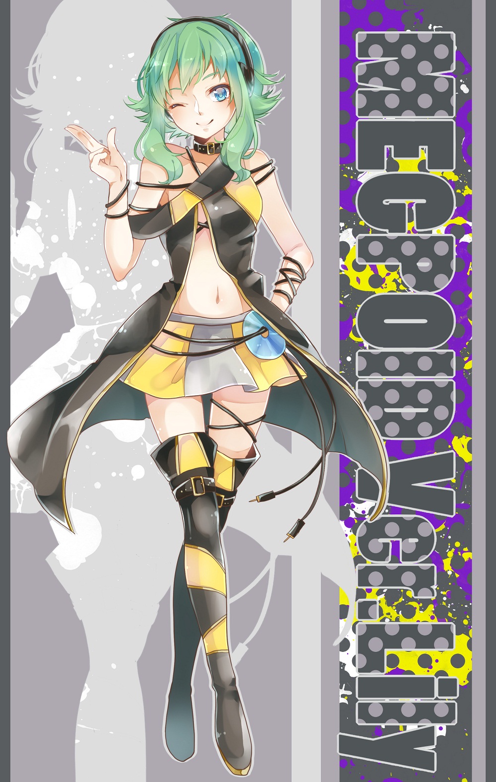 ;) black_boots black_dress blue_eyes boots buckle cable cd character_name collar dog_collar dress flat_chest full_body green_hair gumi hand_on_hip head_tilt highres index_finger_raised lily_(vocaloid) lily_(vocaloid)_(cosplay) looking_at_viewer multicolored_skirt navel nou one_eye_closed revealing_clothes short_hair sidelocks silhouette skirt smile standing stomach thigh-highs thigh_boots thigh_strap vocaloid white_skirt wire wristband yellow_skirt zettai_ryouiki