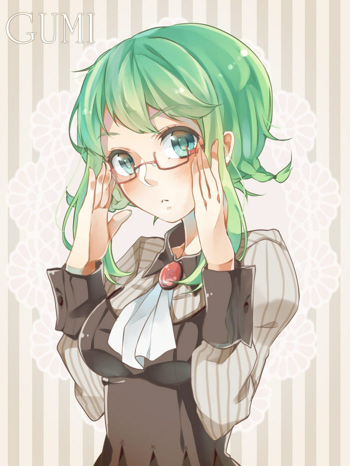 :&lt; adjusting_glasses aqua_eyes arms_up ascot black_bra black_dress blush bra brooch brown_background character_name detached_collar dress expressionless gem glasses gumi jewelry long_sleeves looking_at_viewer nou ruby_(stone) see-through short_hair sidelocks sleeve_cuffs striped striped_background striped_sweater sweater tareme underwear upper_body vocaloid