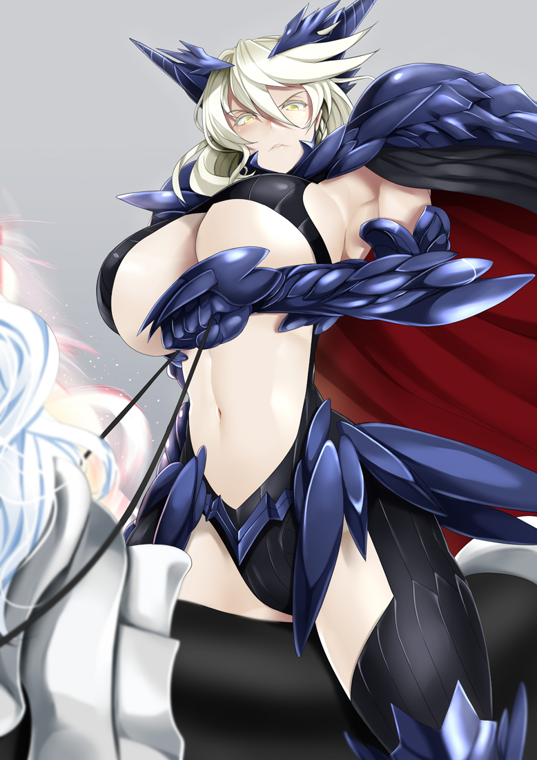 1girl armor artoria_pendragon_alter_(fate/grand_order) blonde_hair breasts fate/grand_order fate/stay_night fate_(series) horns huge_breasts janong long_hair looking_at_viewer navel riding saber saber_alter serious solo under_boob